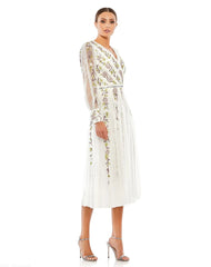 White Long Sleeve Embroidered Wrap Midi Dress