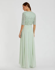 Green Chiffon Gown w/ Fully Beaded 3/4 Sleeve Top