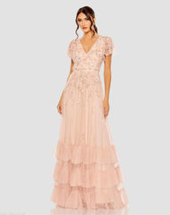 Ruffle Tiered Embellished Faux Wrap Flutter Sleeve Gown