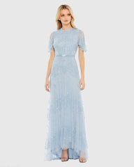 Sequined High Neck Flutter Sleeve A Line Gown