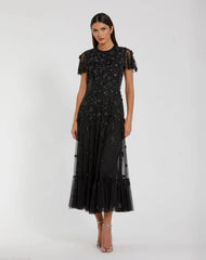 Black Embellished High Neck Flutter Sleeve A Line Dress