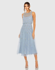 Blue High Neck Sleeveless Embellished A Line Cocktail Dress