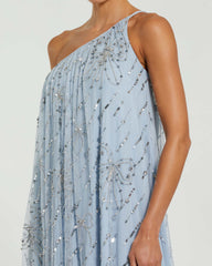 Blue One Shoulder Bow Embellished High Low Gown