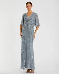 Blue Sequined V Neck Cape Sleeve Gown - FINAL SALE