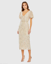 Beige Sequined V Neck Flutter Sleeve Tea Length Dress