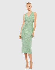 Green Sequined Sleeveless V-Neck Midi Sheath Dress