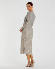 Gray Beaded Lace Long Sleeve Midi Dress