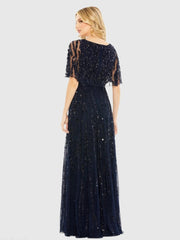 Navy Embellished V-neck Empire Waist Gown