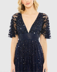 Navy Embellished V-neck Empire Waist Gown