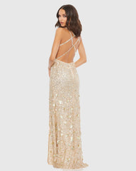 Beige Sequined Strappy Sleeveless Gown