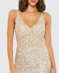 Beige Sequined Strappy Sleeveless Gown