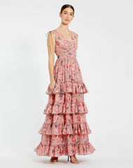 Pink Drawstring Shoulder Chiffon Tiered Floral Dress