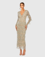 Beige V-Neck Beaded Fringe Embellished Sheath Dress