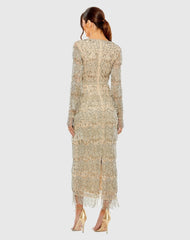 Beige V-Neck Beaded Fringe Embellished Sheath Dress
