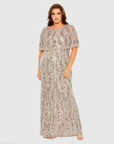 Beige High Neck Column Gown with Cape (Plus)