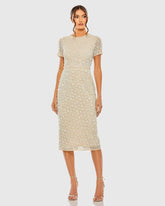 Beige High Neck Short Sleeve Embellished Midi Sheath Dress