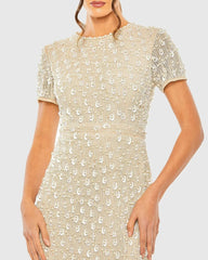 Beige High Neck Short Sleeve Embellished Midi Sheath Dress