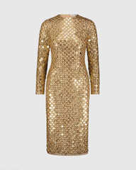 Gold Beaded Georgette Long Sleeve Fitted Midi Dress