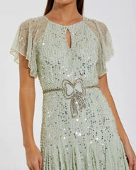 Green Embellished Bow Flutter Sleeve A Line Midi Dress