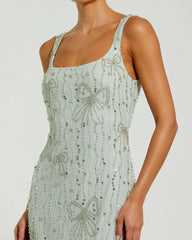 Green Beaded Mesh Scoop Neck Fitted Gown With Bows