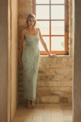 Green Beaded Mesh Scoop Neck Fitted Gown With Bows