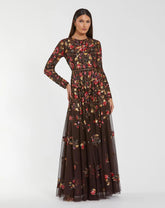 Brown Long Sleeve Floral Embellished Evening Gown