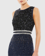 Navy Sleeveless High Neck Beaded Midi Sheath Dress