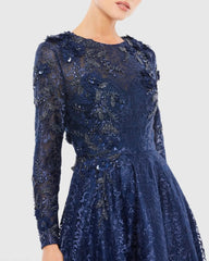 Navy Embellished Illusion Long Sleeve A Line Gown