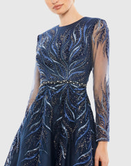 Navy Embellished Tea-Length Illusion Cocktail Dress