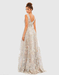 Silver Floral Embroidered Illusion V-Neck Gown