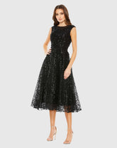 Black Sequined Cap Sleeve Fit and Flare Dress
