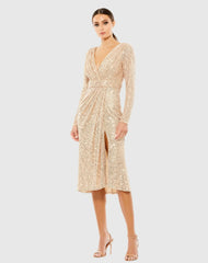 Pink Sequined Long Sleeve Midi Dress