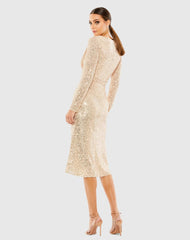 Pink Sequined Long Sleeve Midi Dress