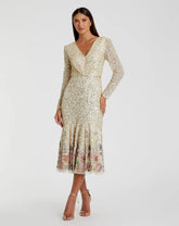 Multicolor Faux Wrap Long Sleeve Tea Length Dress