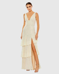 Beige Sequin Asymmetrical Ruffle Tiered Gown