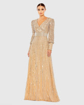 Sequined Wrap Over Bishop Sleeve Gown