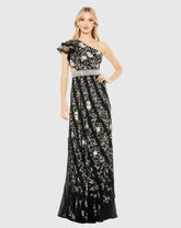 Multicolor Embroidered Ruffled One Shoulder Lace Up Gown