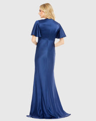 Blue Flounce Sleeve V-Neck Trumpet Gown