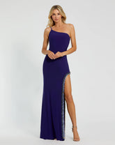 Blue One Shoulder Gown with Embellished Slit