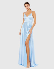 Blue Satin Strappy-Back High Slit Gown