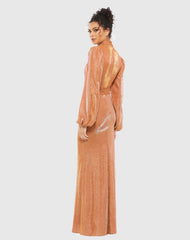 Orange Glitter High Neck Puff Sleeve Trumpet Gown