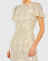 Beige and Silver Embellished Flutter Sleeve High Neck Dress