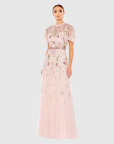 Pink Embellished High Neck Butterfly Sleeve Gown