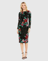 Black Embellished High Neck Cascading Floral Dress