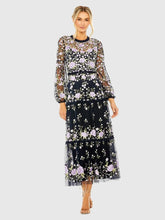 Navy Embroidered Puff Sleeve Tiered Dress