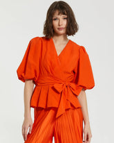 Orange Faille Wrap Over Balloon Sleeve Blouse