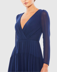 Navy Faux Wrap Illusion Long Sleeve Tiered Gown