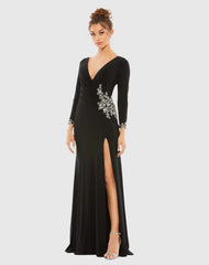 Black Floral Embellished Faux Wrap Jersey Gown