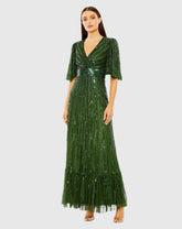 Green Flutter Sleeve Deep V Ruffle Hem Sequin Gown