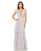 Flutter Sleeve Deep V Tiered Ruffle Gown | Sample | Sz. 2